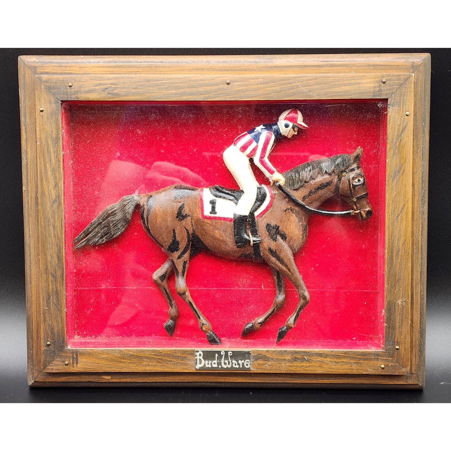 Vintage Bud Ware Racing Colours Hand Carved Horse & Jockey Shadowbox Wood Art