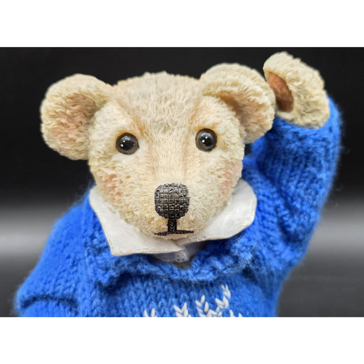 Vintage UK Bear Figurine Knit Royal Blue Sweater Cross Stitch UK Basketballs 8"