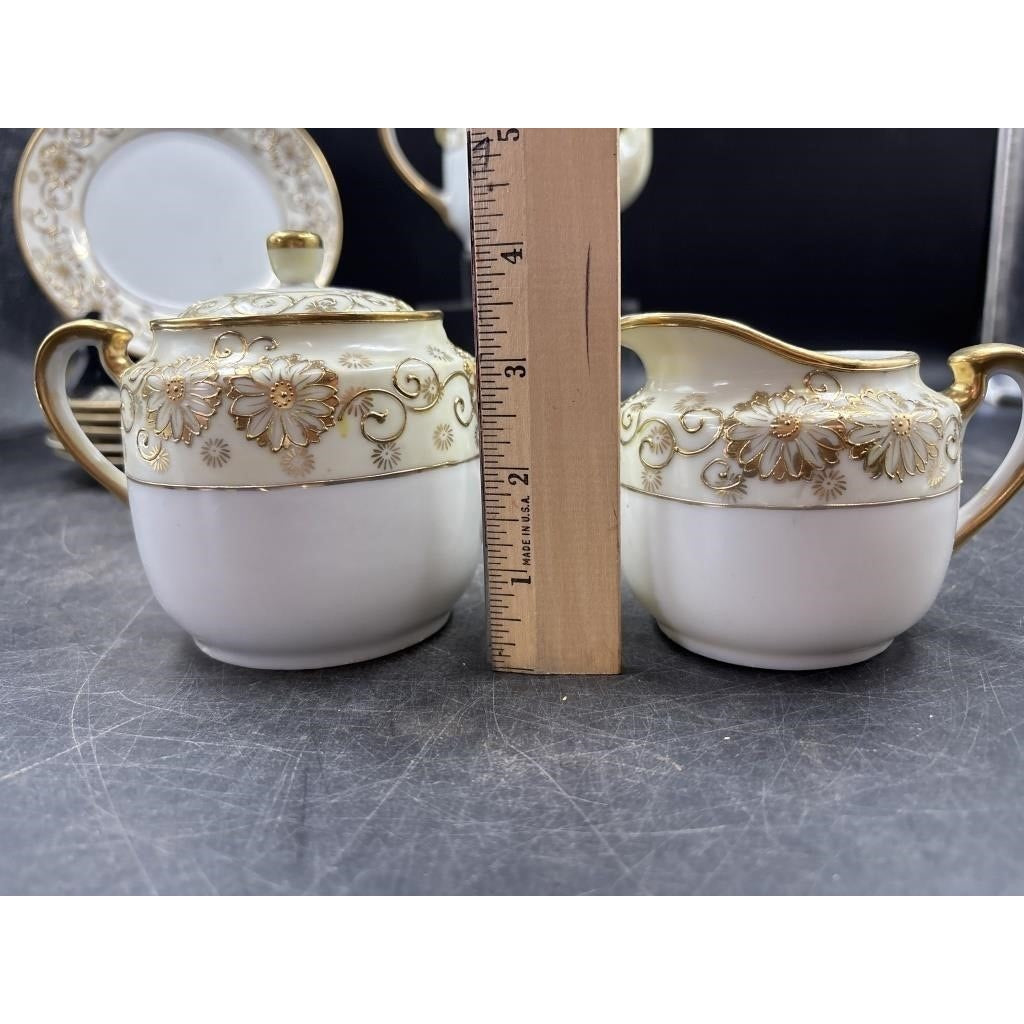 Vintage Japanese Tea Set | Eggshell Lusterware Cups + Porcelain Teapot & Serving Pieces | Gold Floral | Mid-Century Elegance