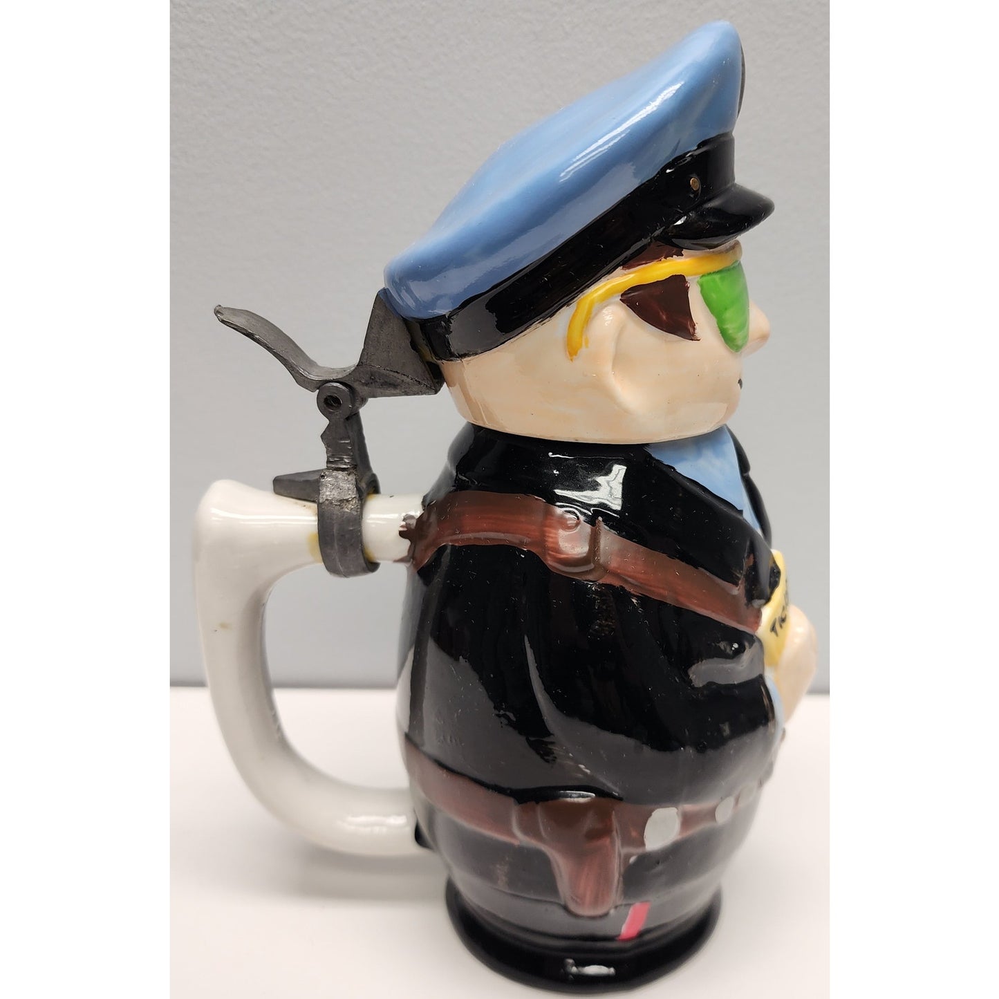 M.S.R. Imports Policeman Mug, Ceramic, Pewter Lid, Hand Painted, 8.25" Vintage