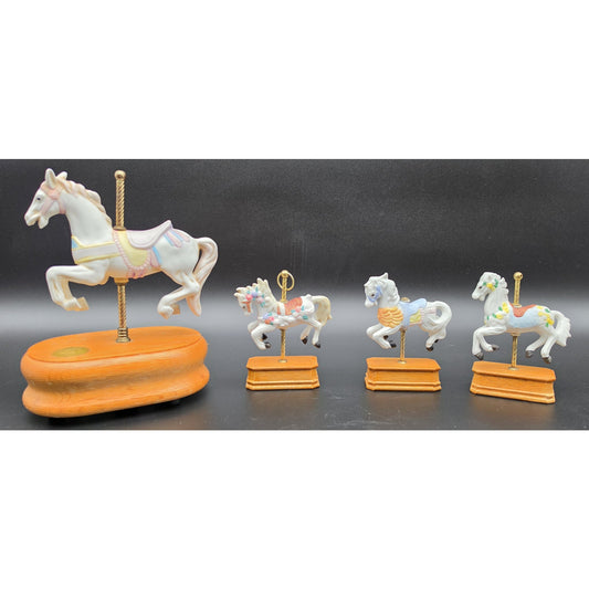 Vintage Willitts Carousel Horse Music Box + 3 Porcelain Horses Set