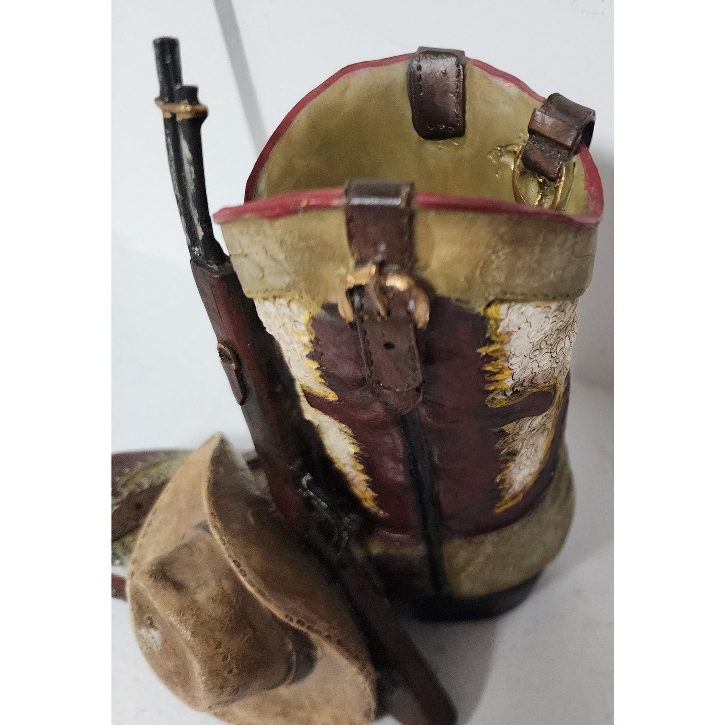Vintage Handpainted Western Boot Figurine w/ Hat & Rifle Resin Hand Painted 5.5"