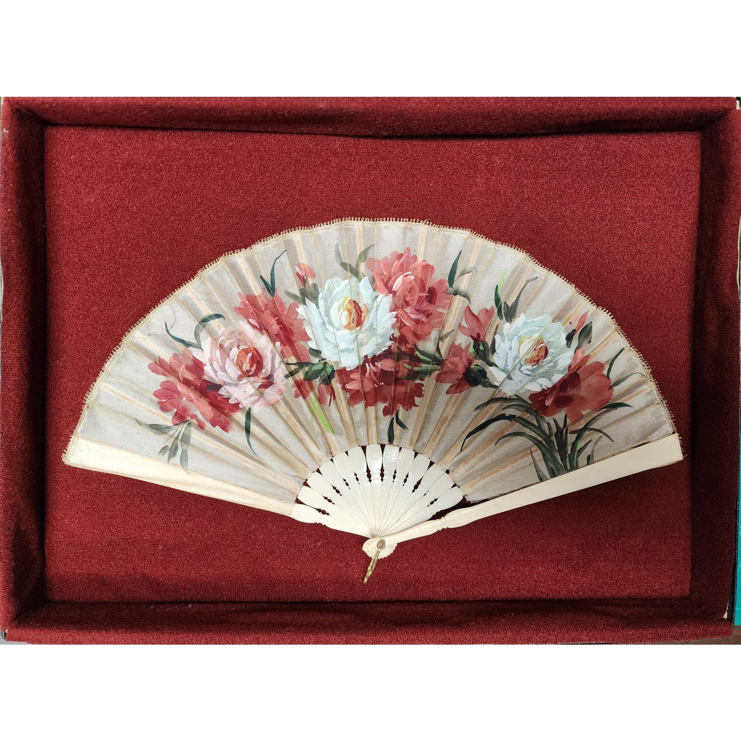 Vintage Japanese Hand Fan Framed 14.25 x 8, Bone Blades Shadowbox - Rare
