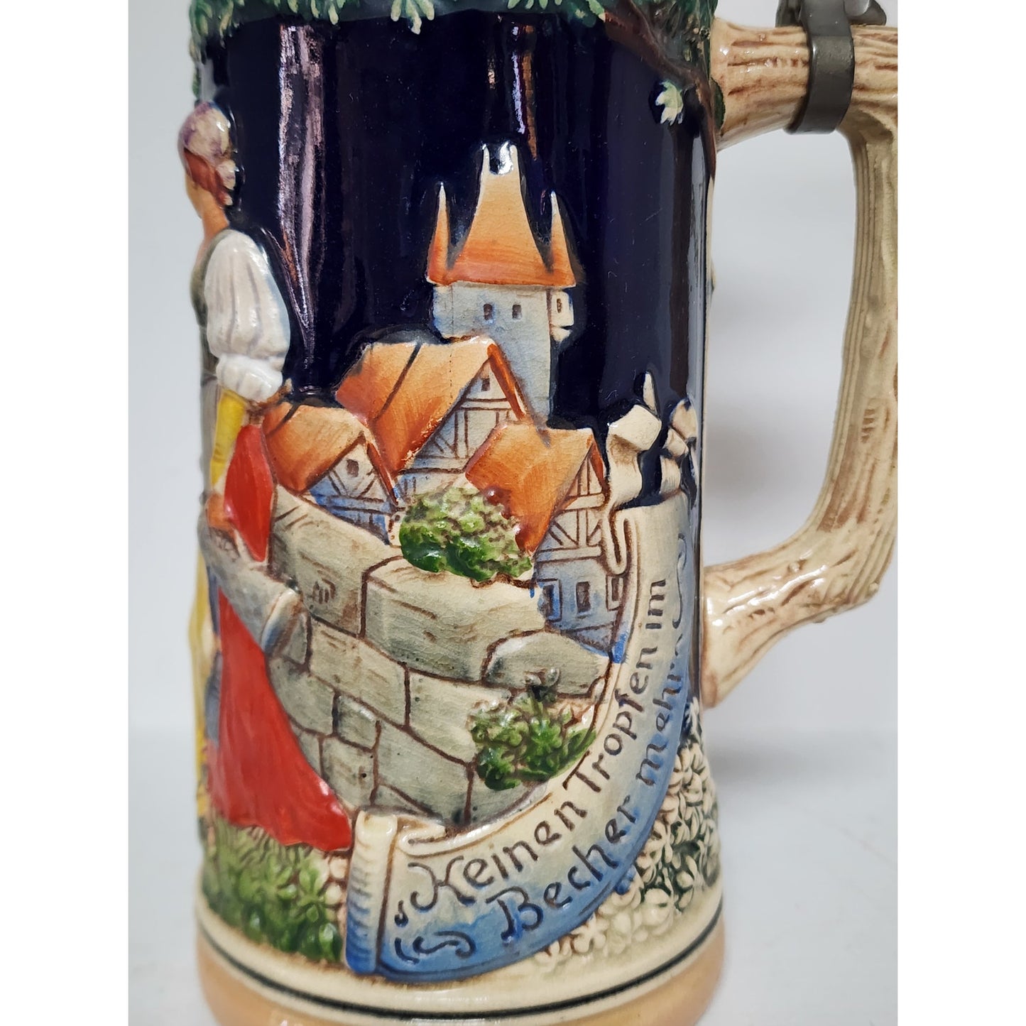 Vintage German Beer Stein Pewter Lid Hand Painted Relief 9.5" Heavy Ceramic