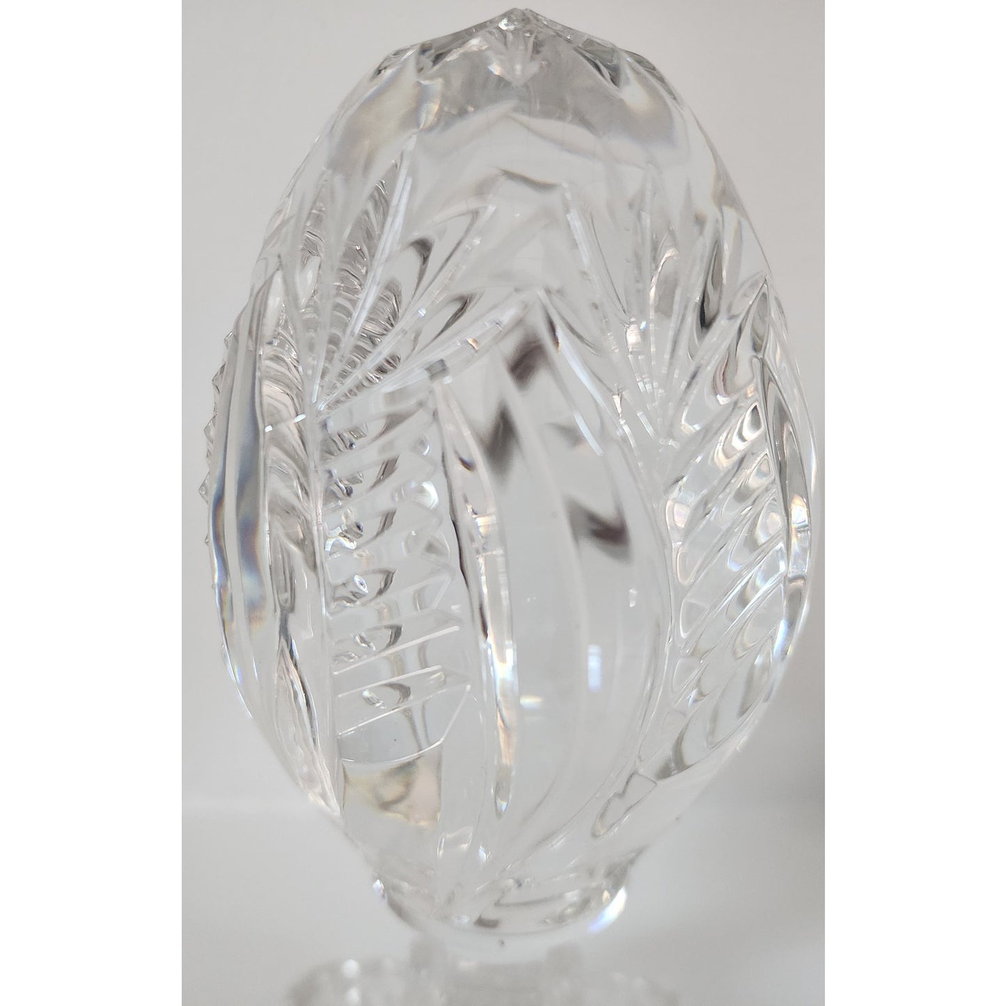 Vintage Lead Crystal Cut Glass Egg on Pedestal Base 7.25" Starburst & Leaf Motif