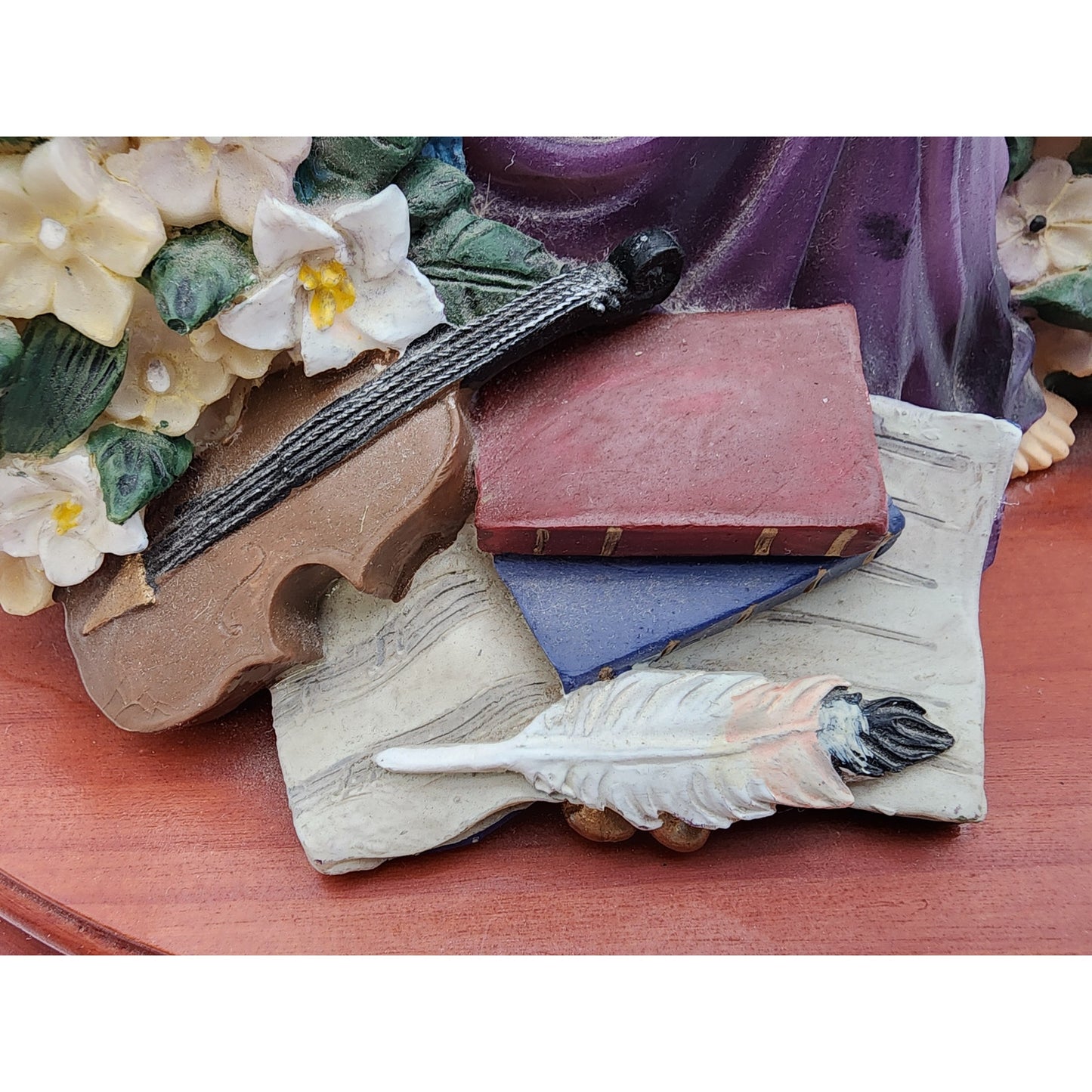 Jesus & Child Figurine w/ Cross, Violin, Books – 12.25" Hand Painted Wood Base