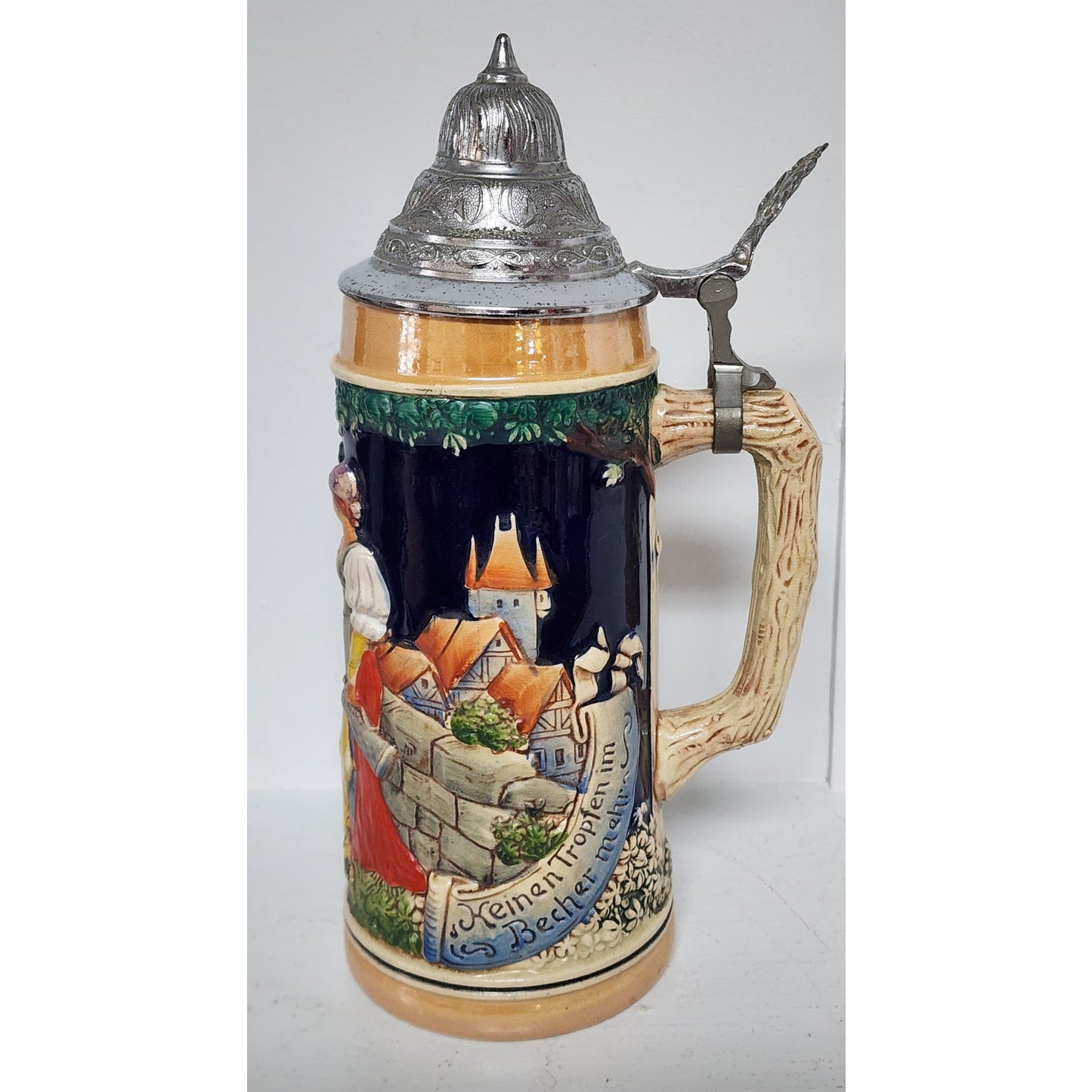 Vintage German Beer Stein Pewter Lid Hand Painted Relief 9.5" Heavy Ceramic