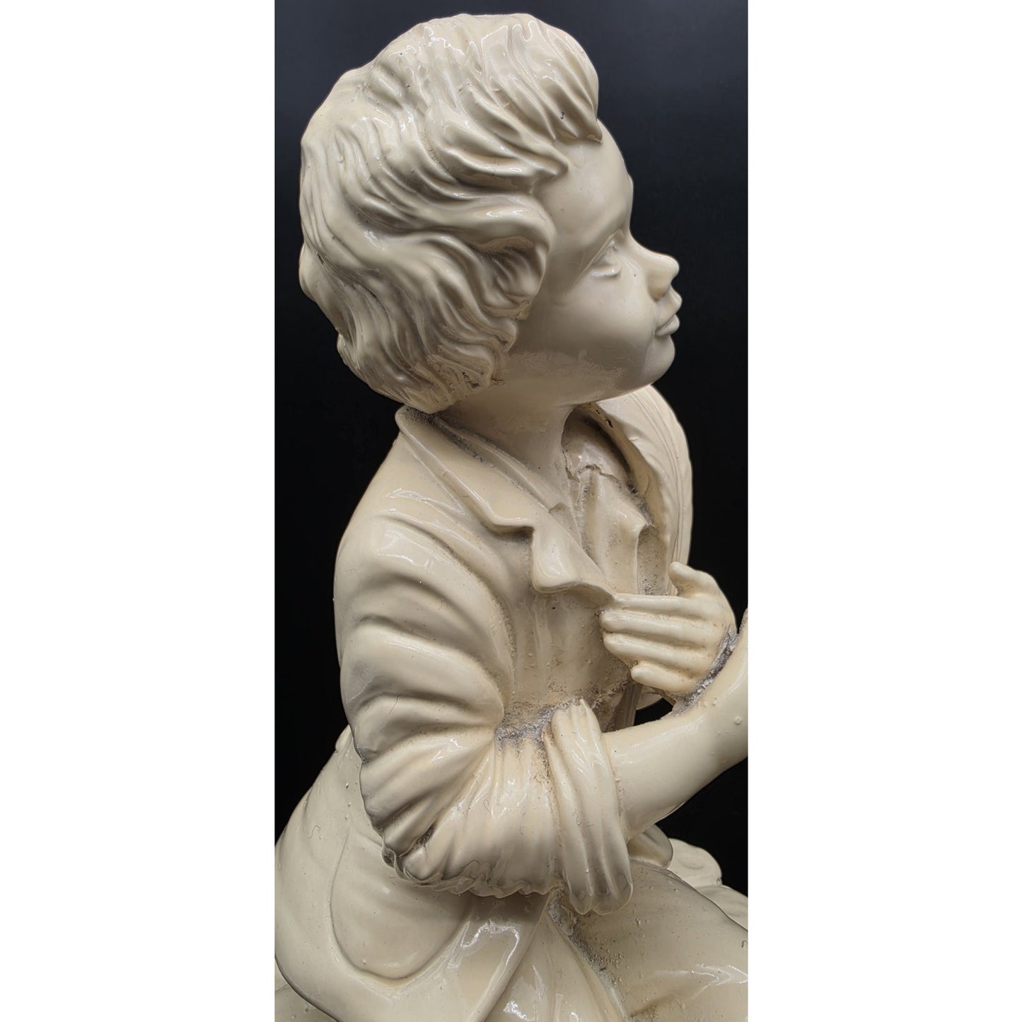 Vintage Pale Yellow Alabaster Boy Sculpture on Rustic Bench 18.5" 11 lbs