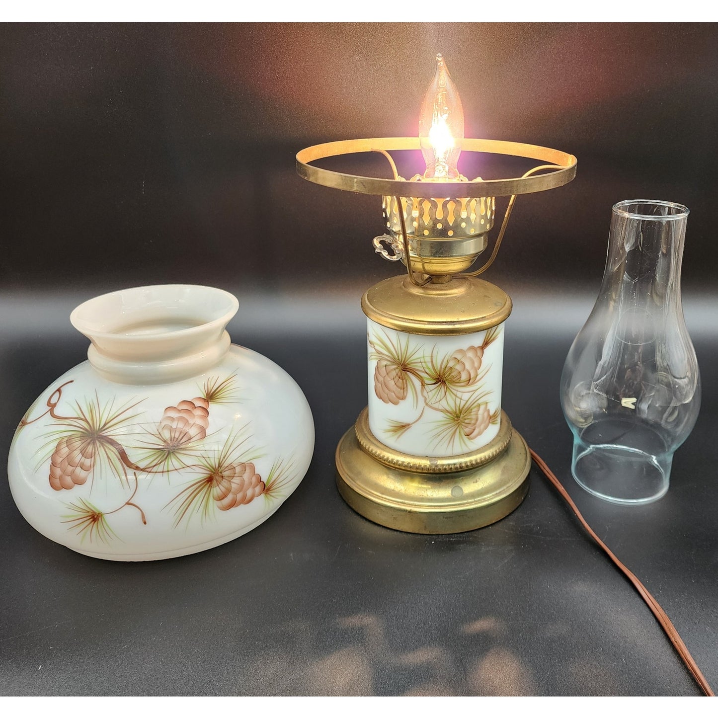 Vintage Brass Table Lamp w/ Hand‑Painted Pinecone Milk Glass Shade, 16.5"  Tall