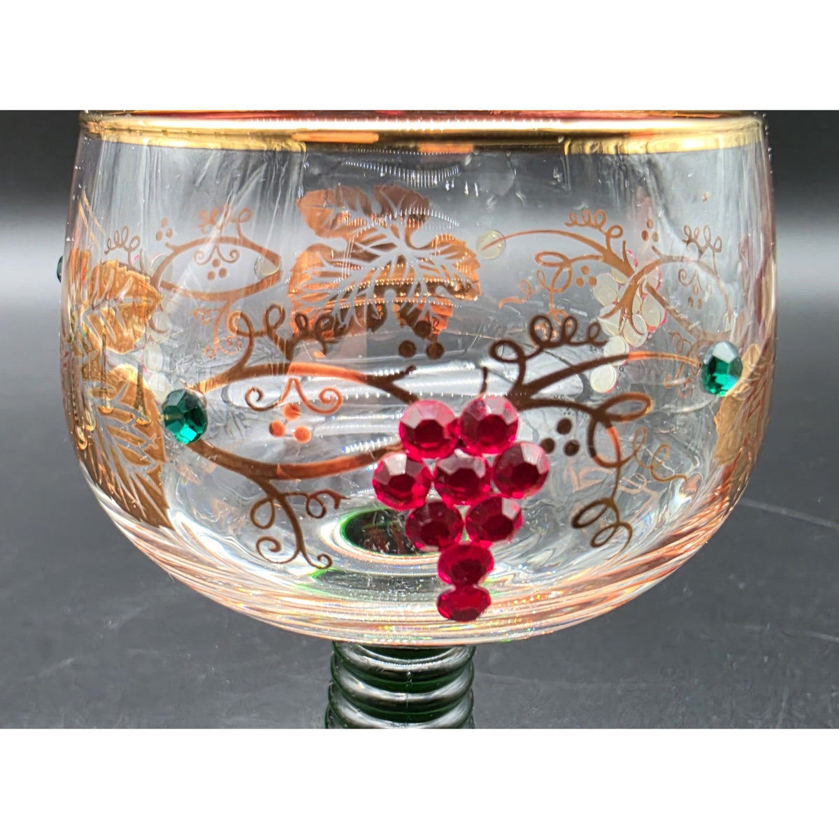 Vtg Bockling German Romer Wine Glasses Green Stem Gold Gilt Rhinestones Set 8
