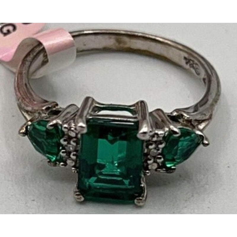 Vintage Sterling Silver Ring w/ Cr Emeralds & Mini Diamonds Size 7 w/ Box