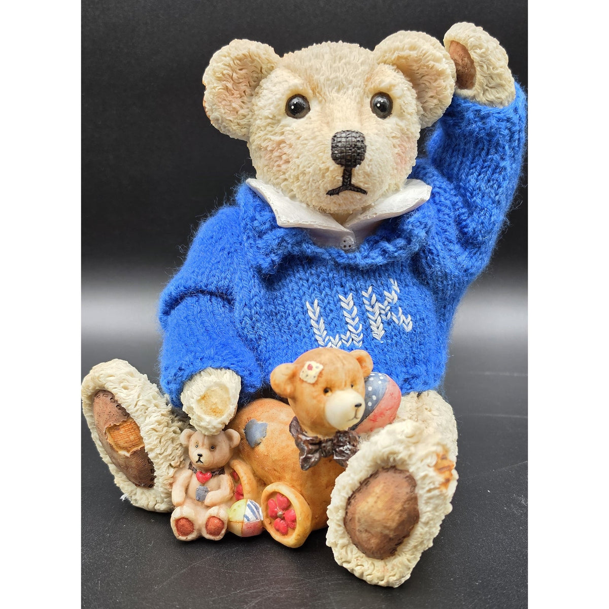 Vintage UK Bear Figurine Knit Royal Blue Sweater Cross Stitch UK Basketballs 8"