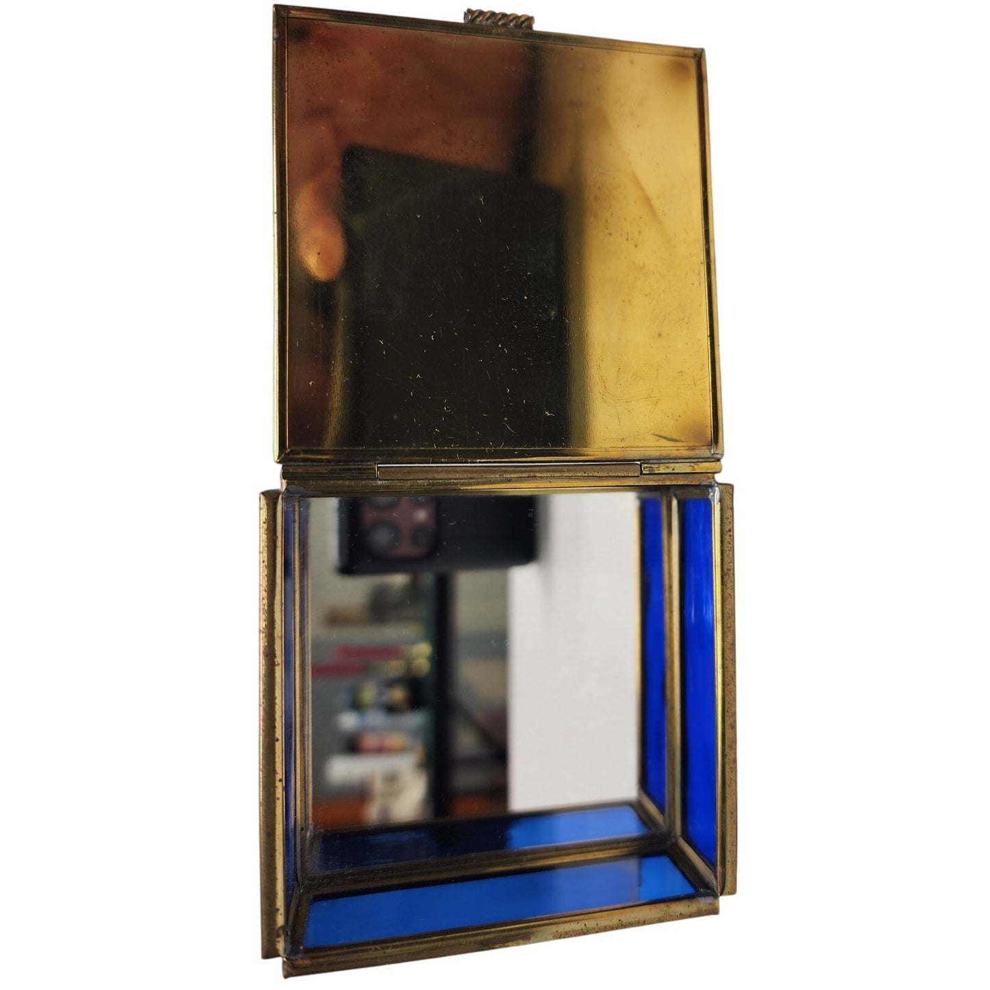 Vintage Lion & Lamb Jewelry Box – Cobalt Glass, Mirror, Via Vermont Mexico 1995