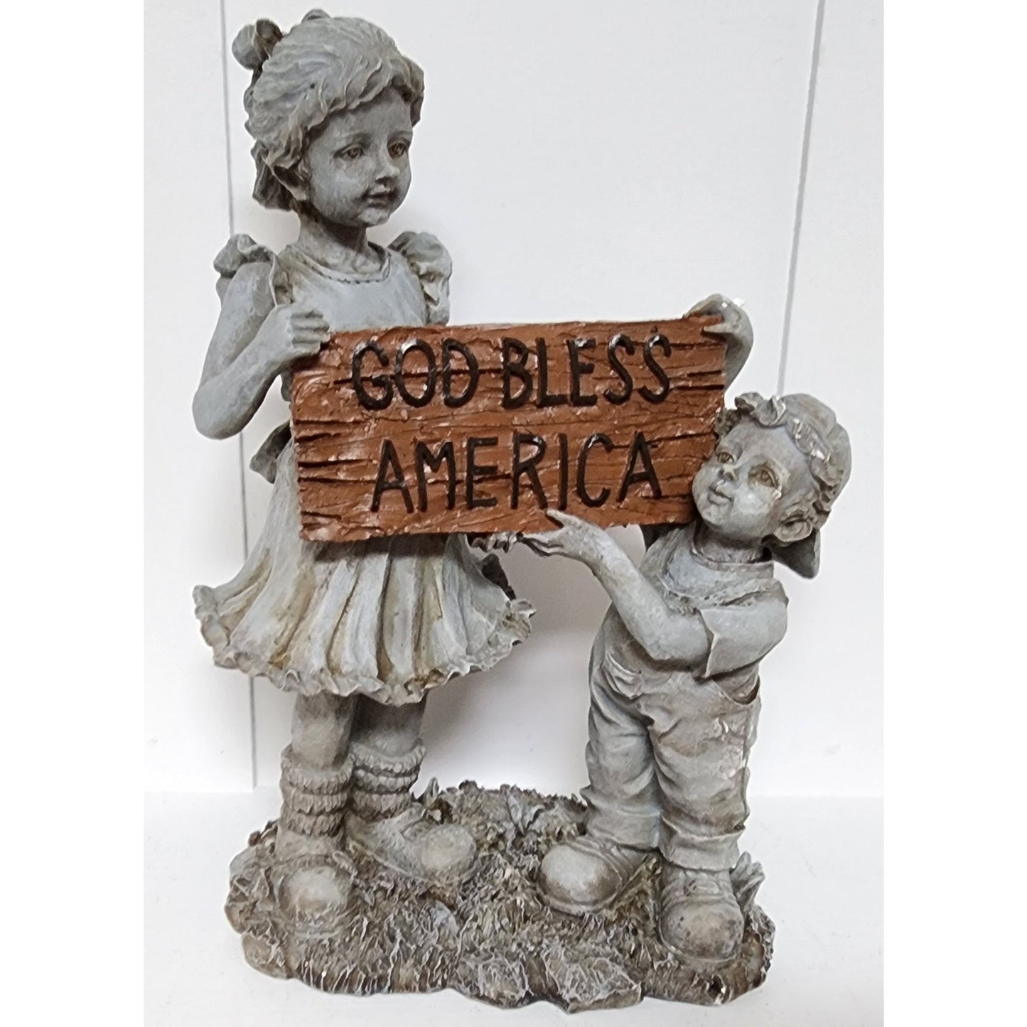 Vintage Resin Children Figurine Holding “God Bless America” Sign 11.5" Patriotic
