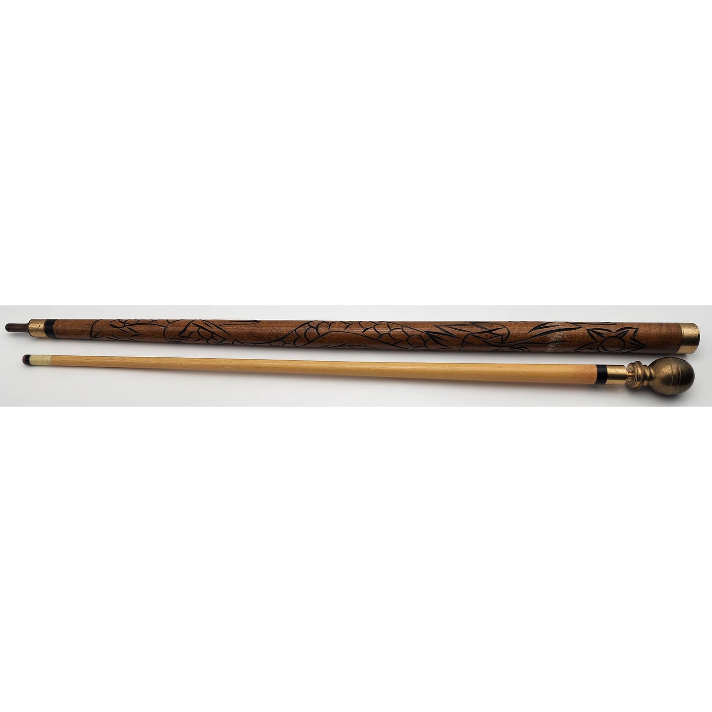 Vintage Hand Carved Wood Brass Cane w/ Hidden Pool Cue 33" - Rare