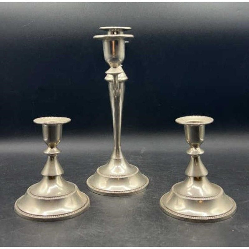 Vintage Silver 3-Pc Candle Holder Set – Ornate 3-Arm Candelabra & 2 Single Holders