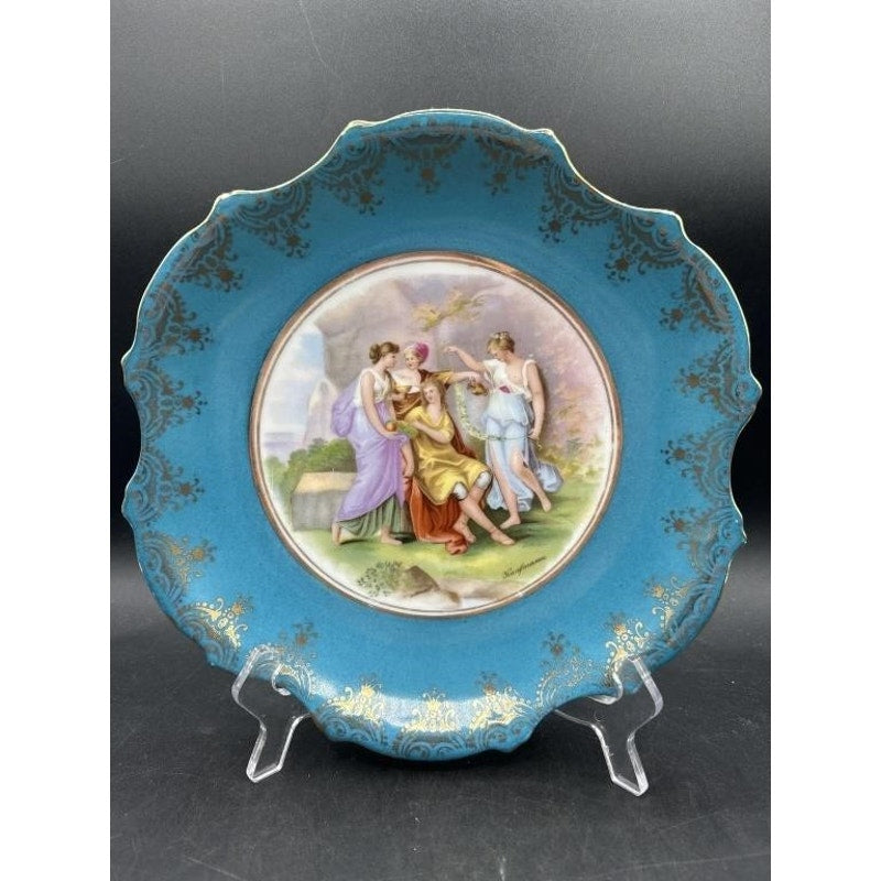 Victoria Austria Sevres Style Kaufmann Watteau Scene Plate 10" Celeste Blue 22K Gold
