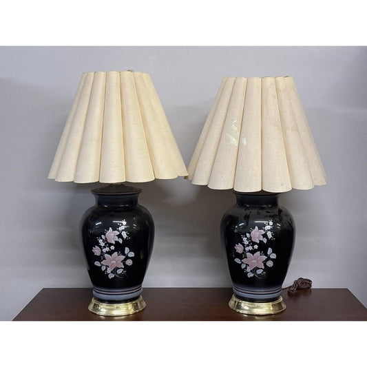 Pair of Beautiful Vintage Ceramic Table Lamps with Floral Motif – Shades Need Replacement