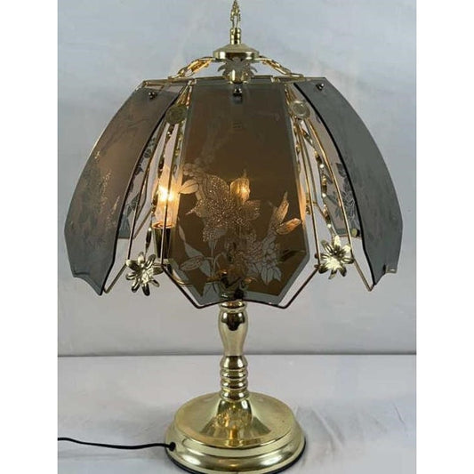 Vintage Brass Touch Table Lamp Etched Floral Glass Shade 3-Way Dimmable
