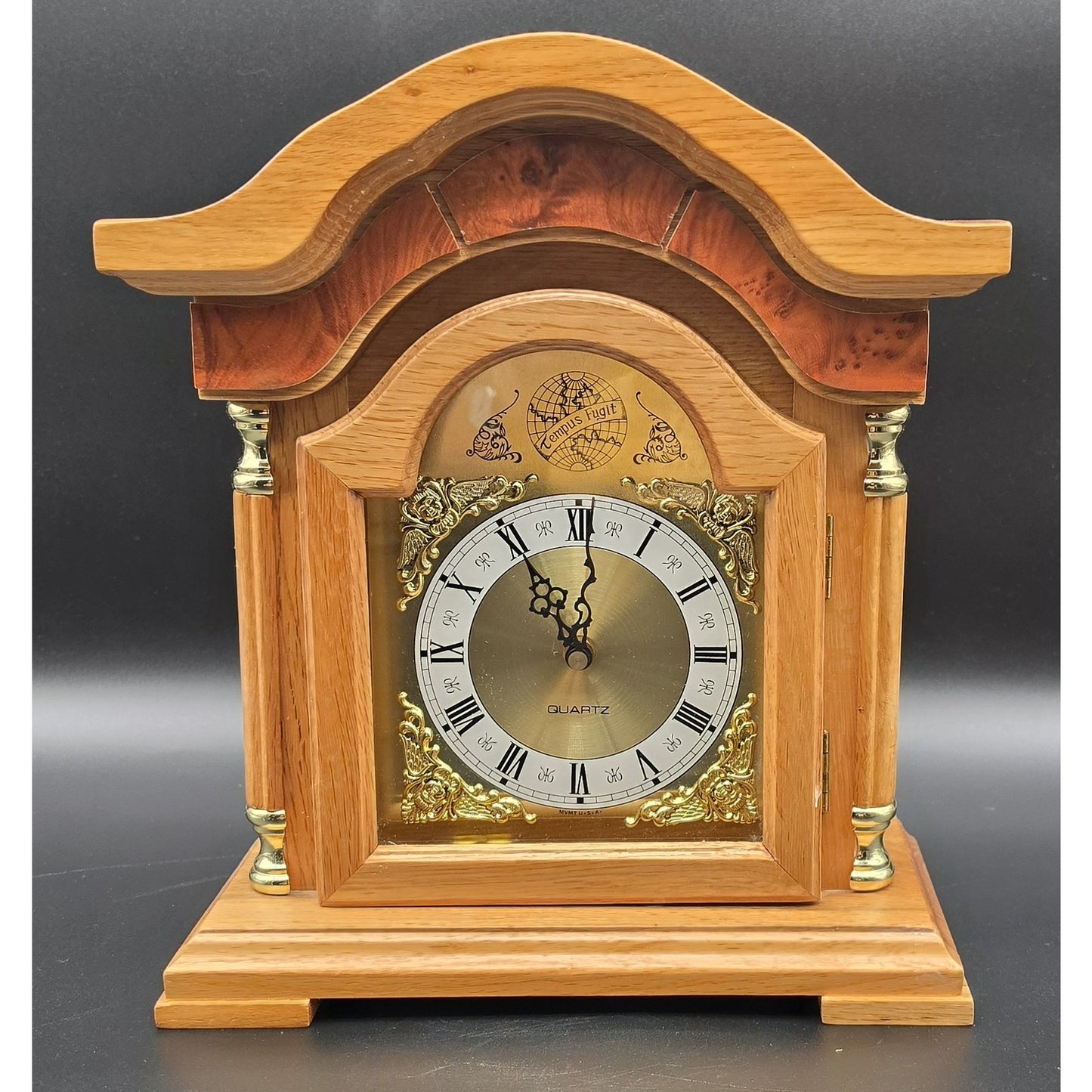 Vintage Tempus Fugit Quartz Mantle Clock Solid Wood & Brass 13" Works Perfectly