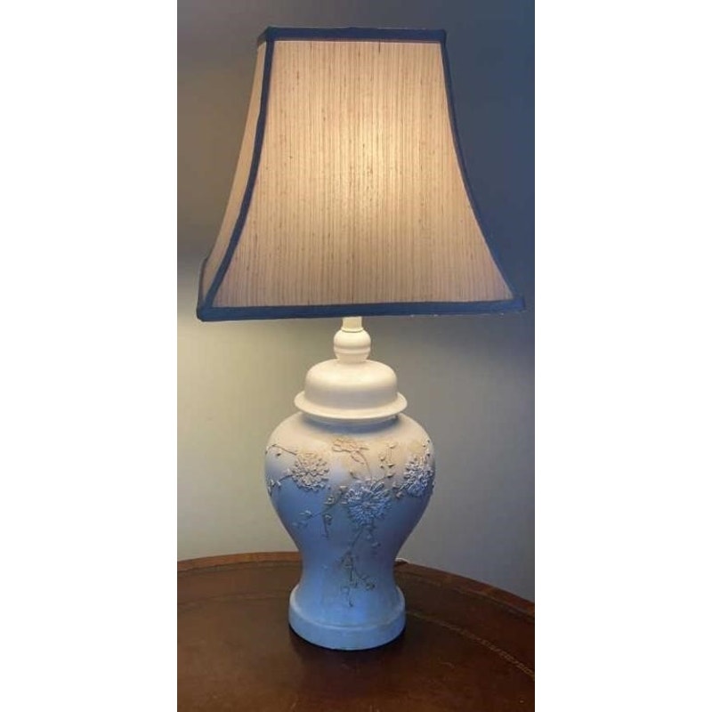 Vintage Ginger Jar Table Lamp w/ Floral Relief & Square Shade 28" Tall Works