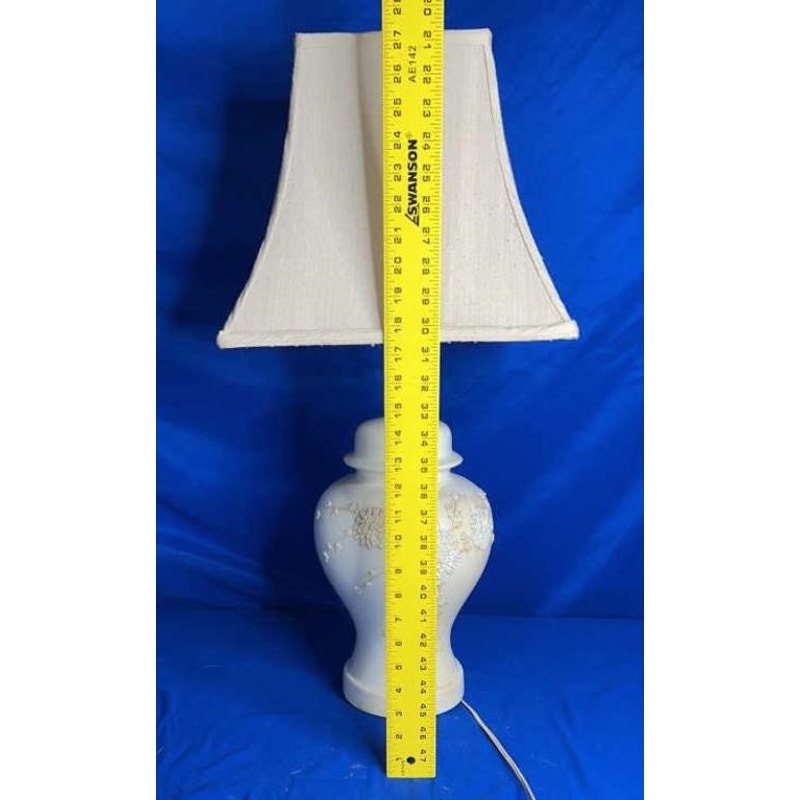 Vintage Ginger Jar Table Lamp w/ Floral Relief & Square Shade 28" Tall Works