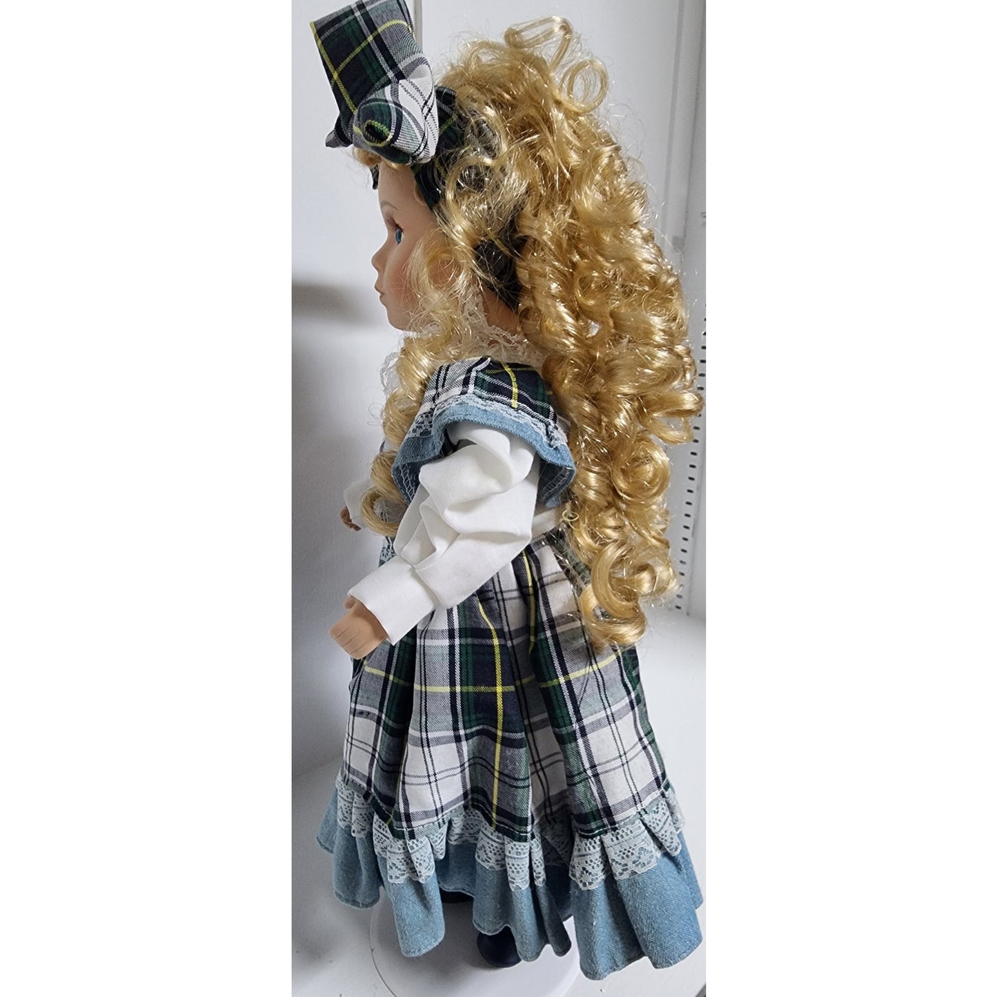 Vintage Tender Heart Treasures Porcelain Doll Plaid Dress Blonde Curls w/ Stand