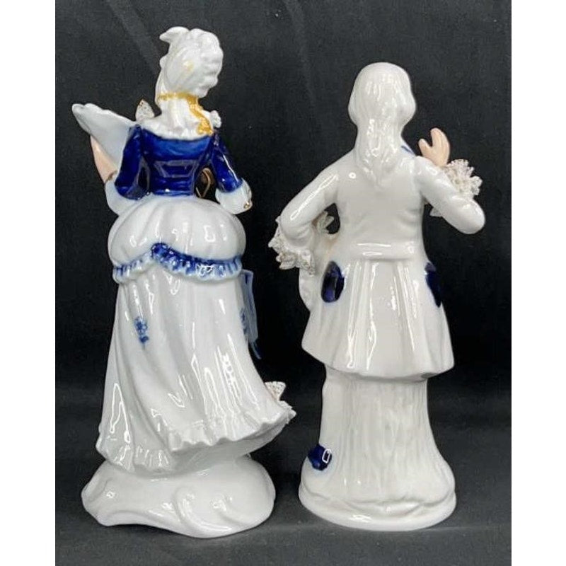 Victorian Style Blue White Porcelain Figurine Pair w/ Gold Accents Hand Painted