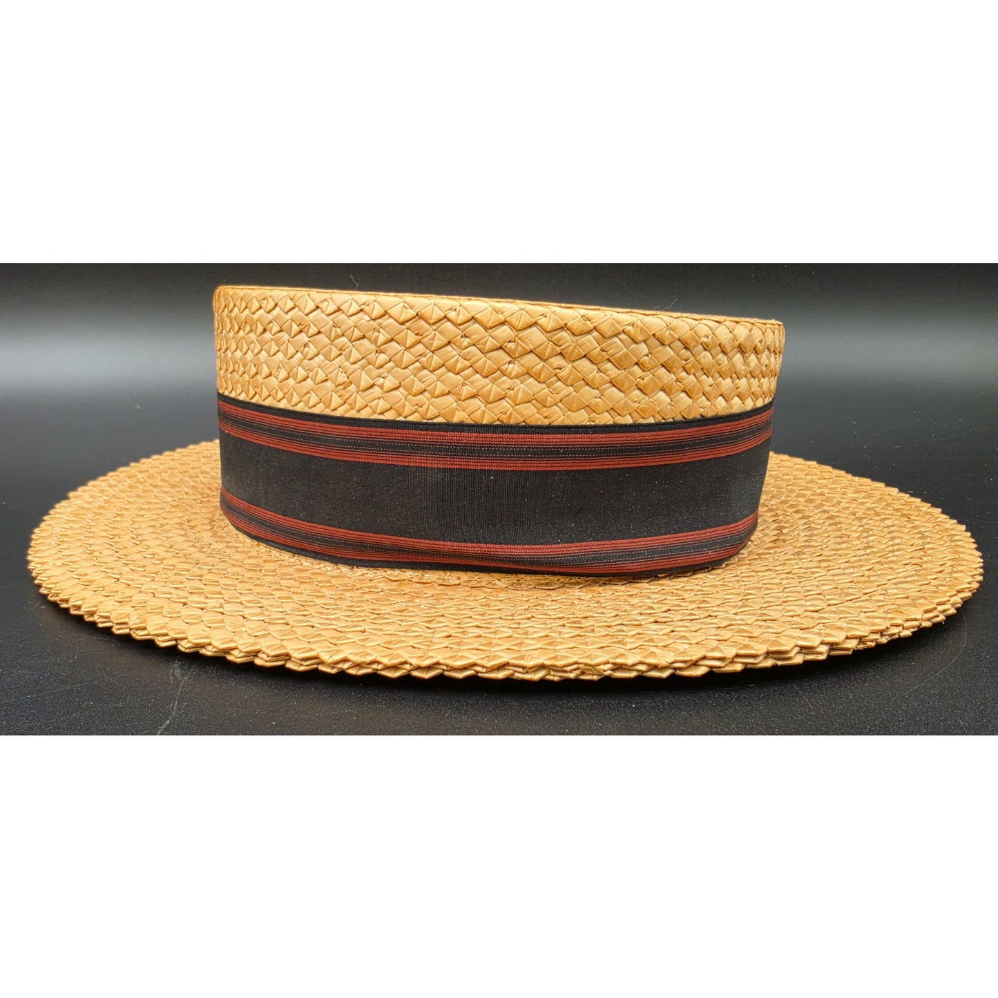 Vintage Dobbs Fifth Ave Tan Straw Boater Hat w/ Black & Red Ribbon 6oz - Nice