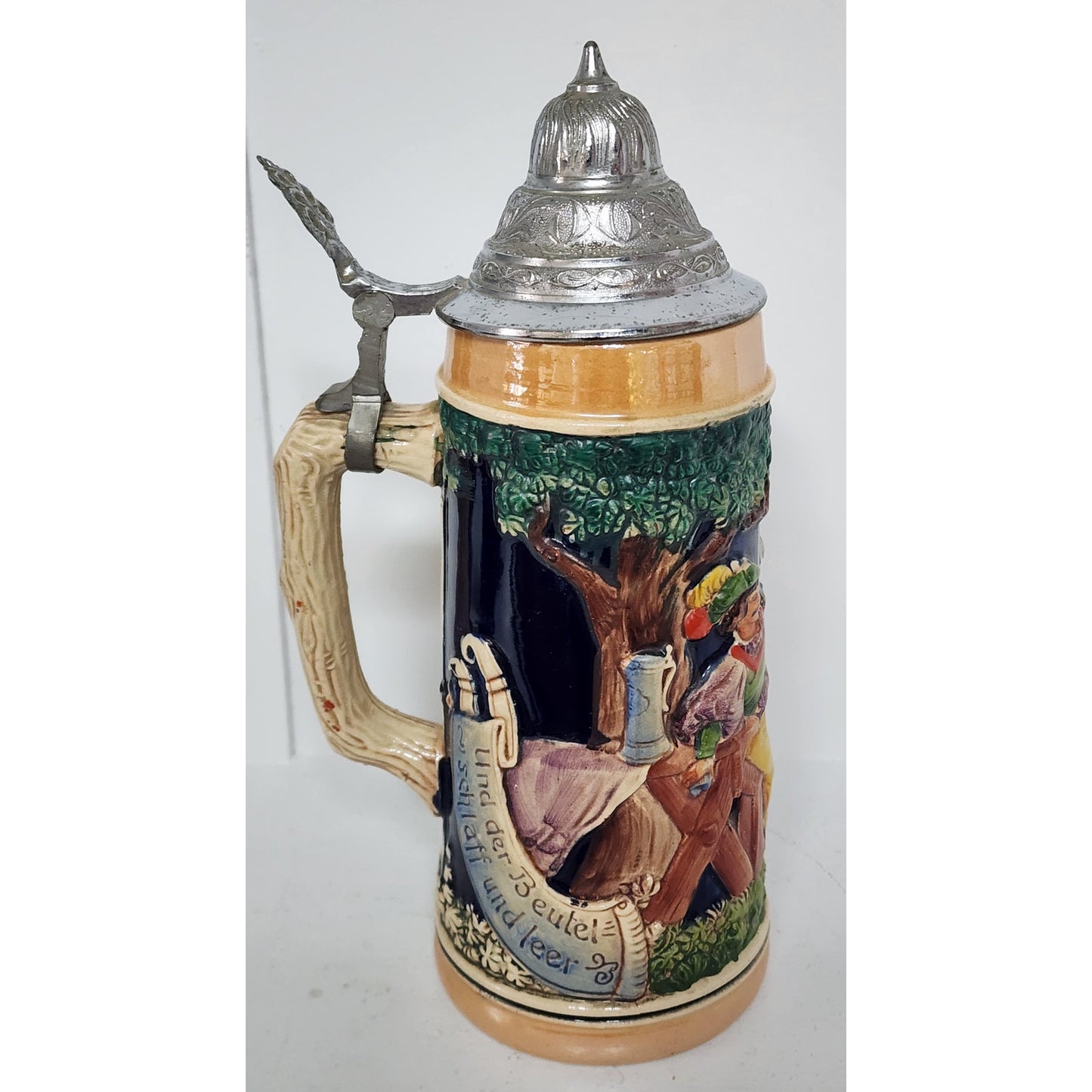Vintage German Beer Stein Pewter Lid Hand Painted Relief 9.5" Heavy Ceramic
