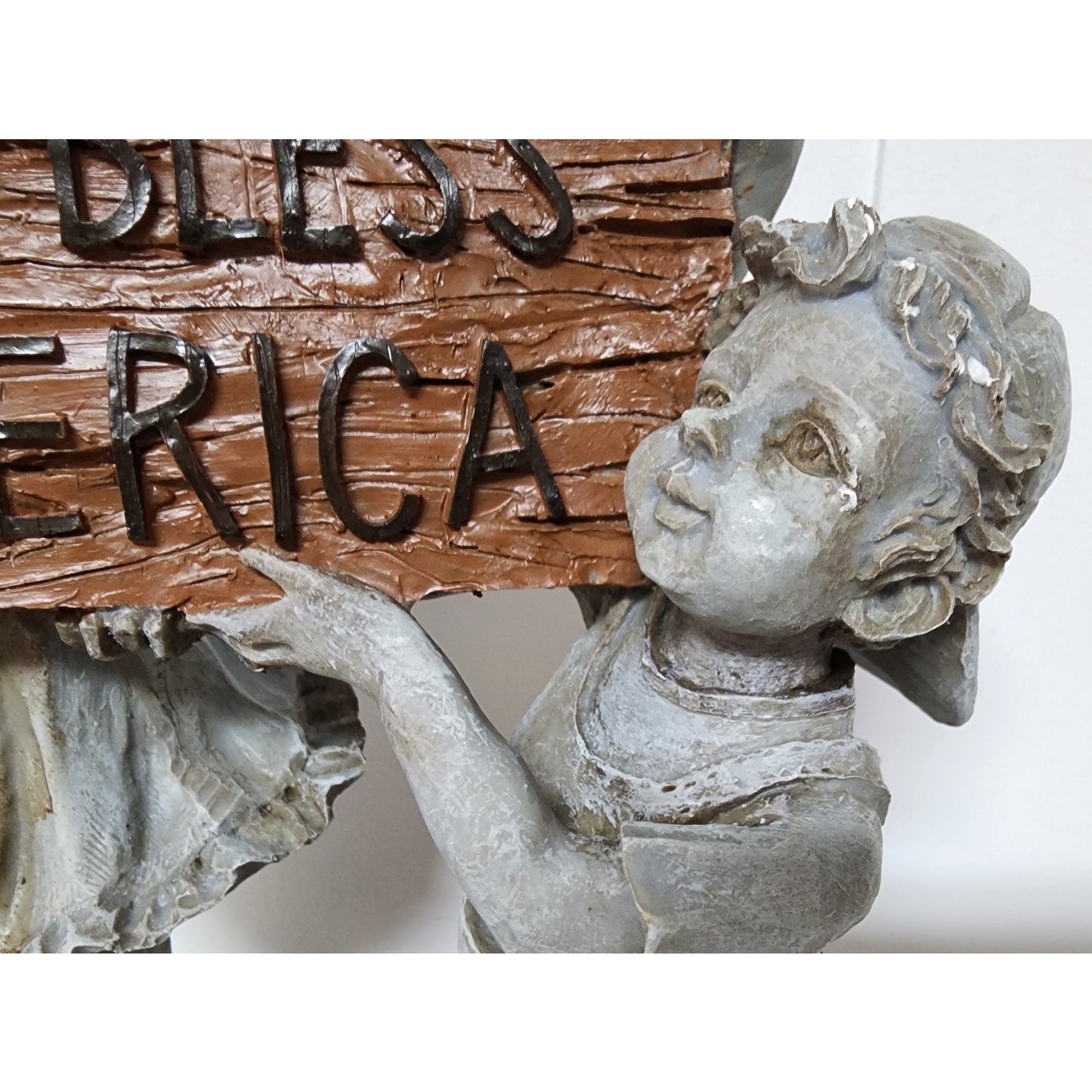 Vintage Resin Children Figurine Holding “God Bless America” Sign 11.5" Patriotic