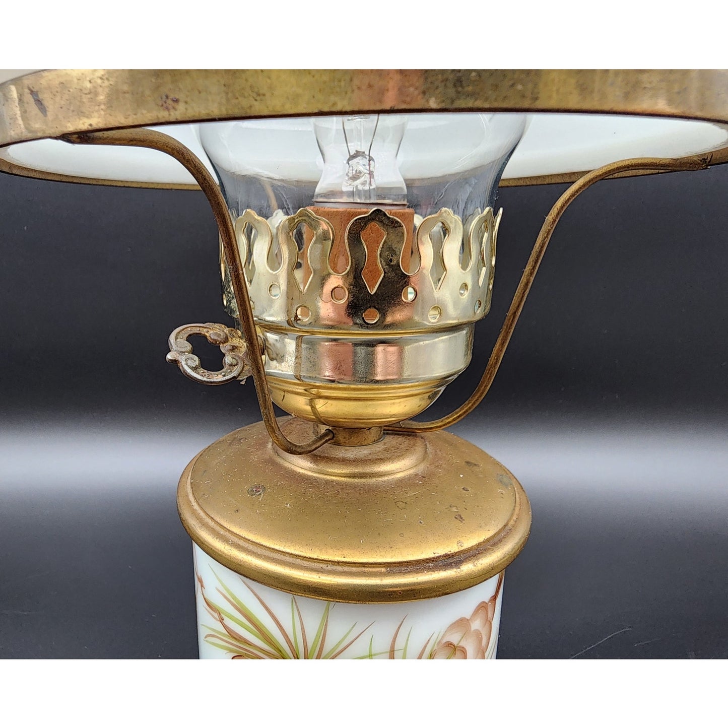 Vintage Brass Table Lamp w/ Hand‑Painted Pinecone Milk Glass Shade, 16.5"  Tall