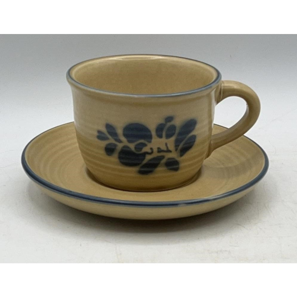 VTG Pfaltzgraff Folk Art 5‑Pc Place Setting Blue Floral (1977)Tan USA Stoneware