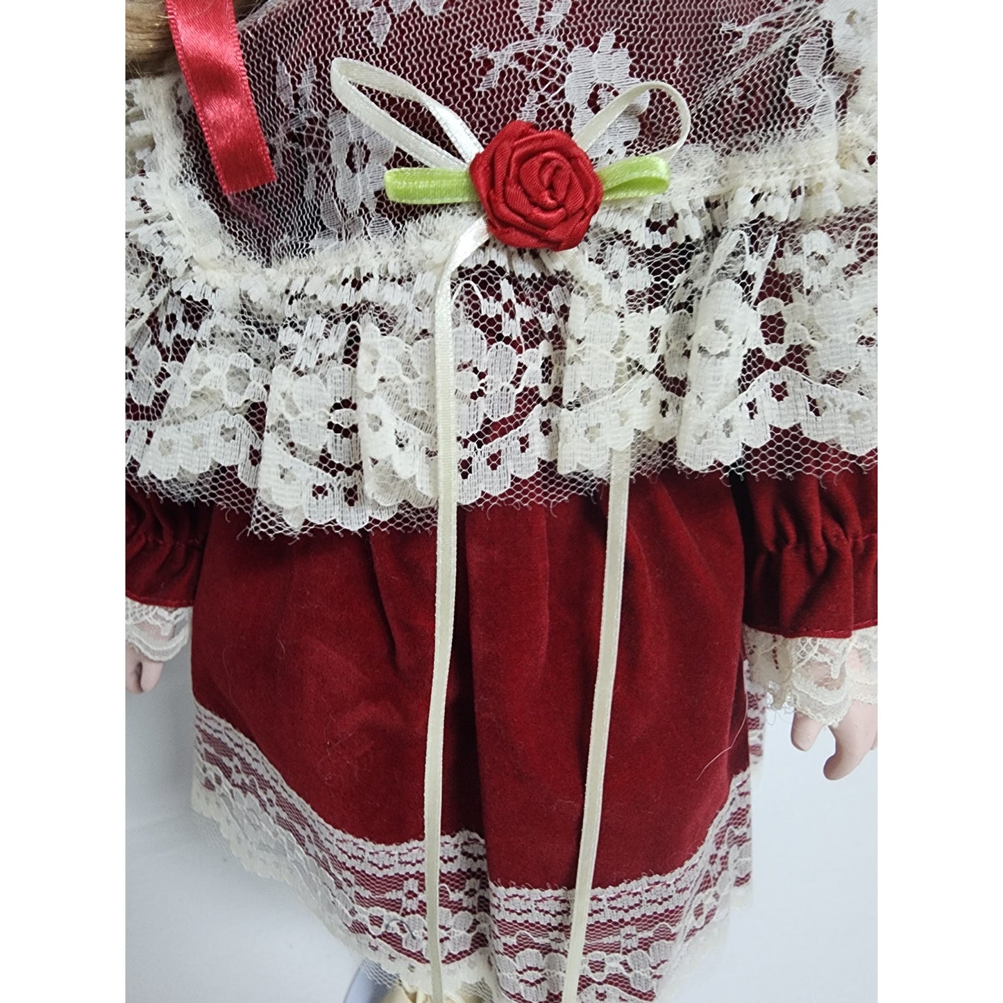 Vintage Tender Hearts Porcelain Doll No. 594 Red Velvet Lace Dress w/ Stand
