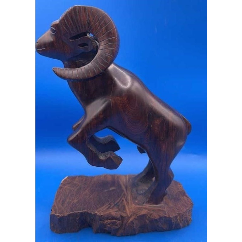 VTG Hand-Carved Solid Wood Ram Sculpture 9.75" Tall Heavy Folk Art Figurine