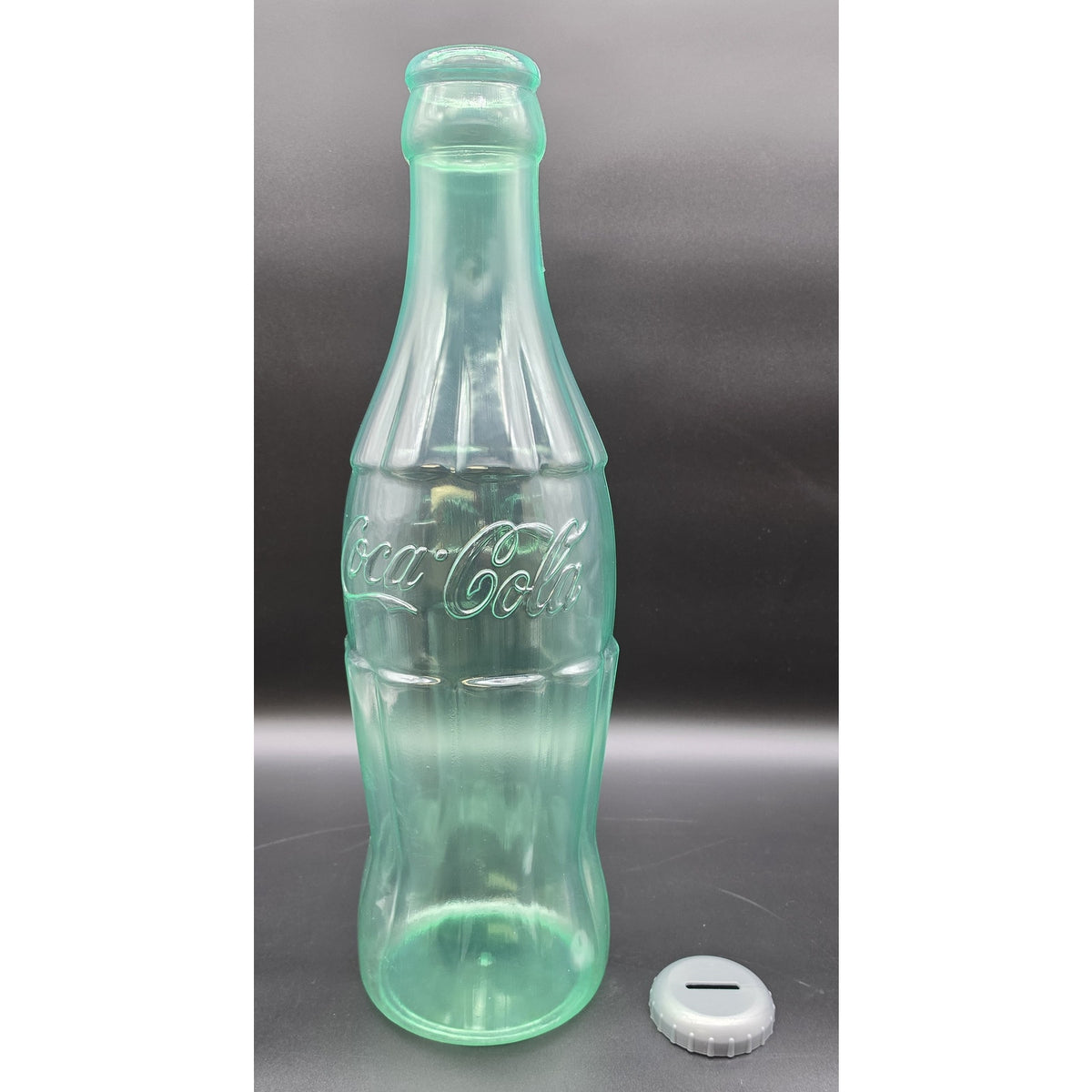 Vintage 1989 Coca Cola Huge 23.5 Plastic Bottle Bank Green Tinted Glass Look Box