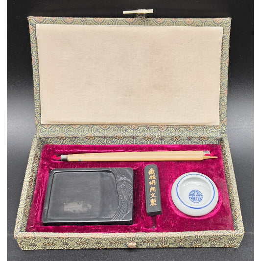 Vintage Chinese Calligraphy Set Ink Stone Stick Brushes Dish Boxed Complete Nice