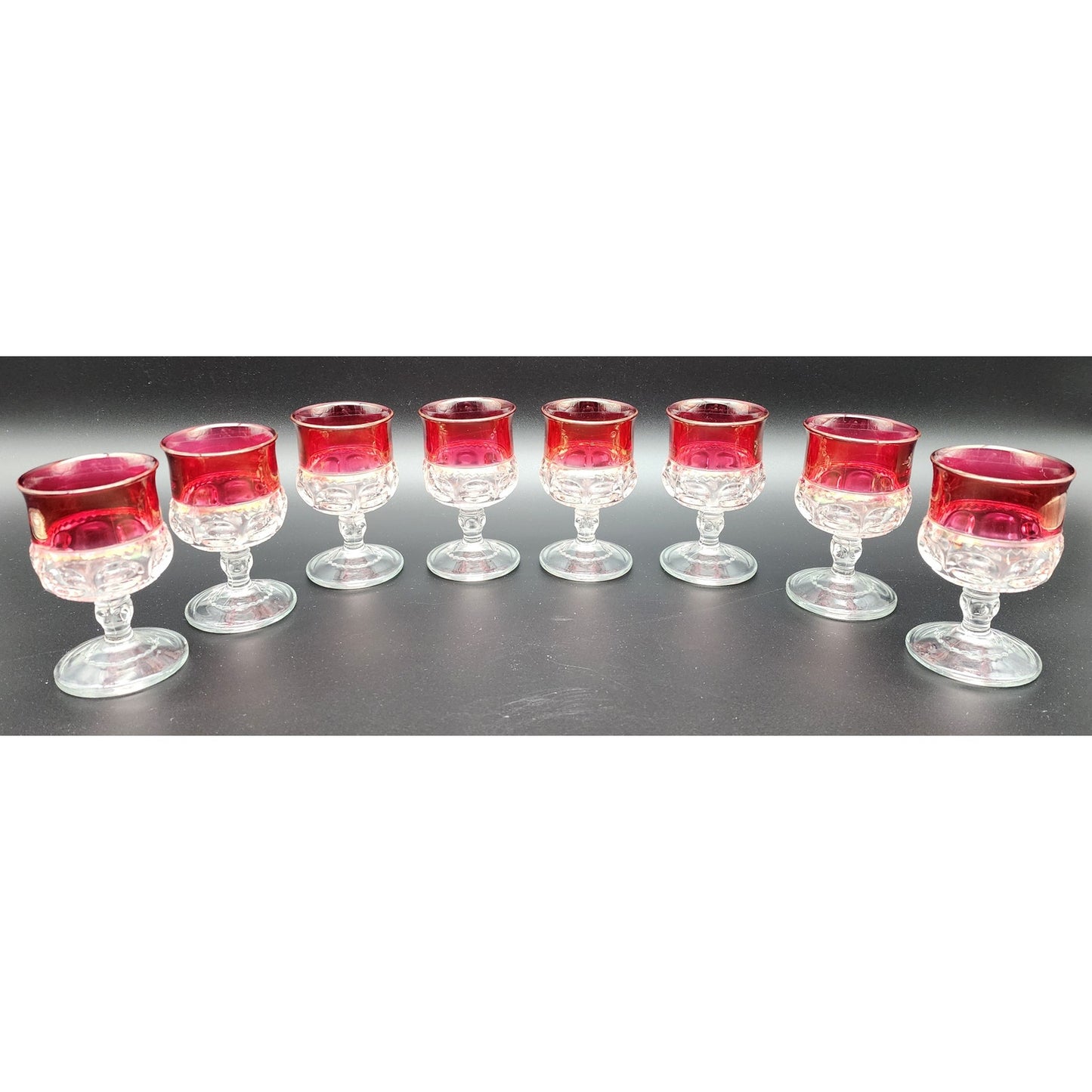8 Kings Crown Thumbprint Ruby Flash Goblets 4.3" Vintage Glass Set