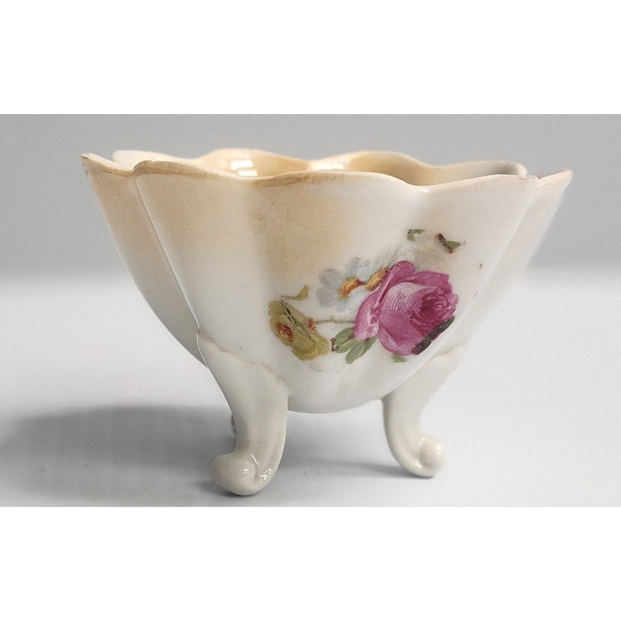 Antique German Hand Painted Porcelain Bowl Set 3pc Floral Scalloped Pedestal