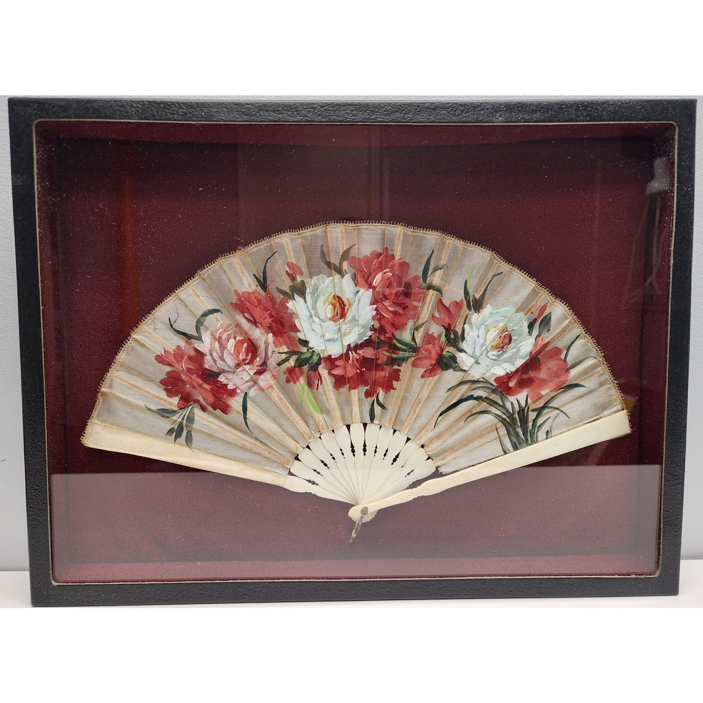 Vintage Japanese Hand Fan Framed 14.25 x 8, Bone Blades Shadowbox - Rare