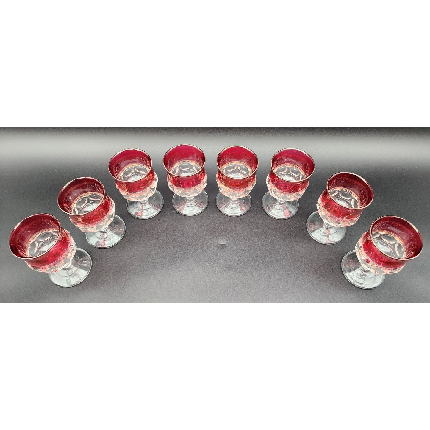 8 Kings Crown Thumbprint Ruby Flash Goblets 4.3" Vintage Glass Set