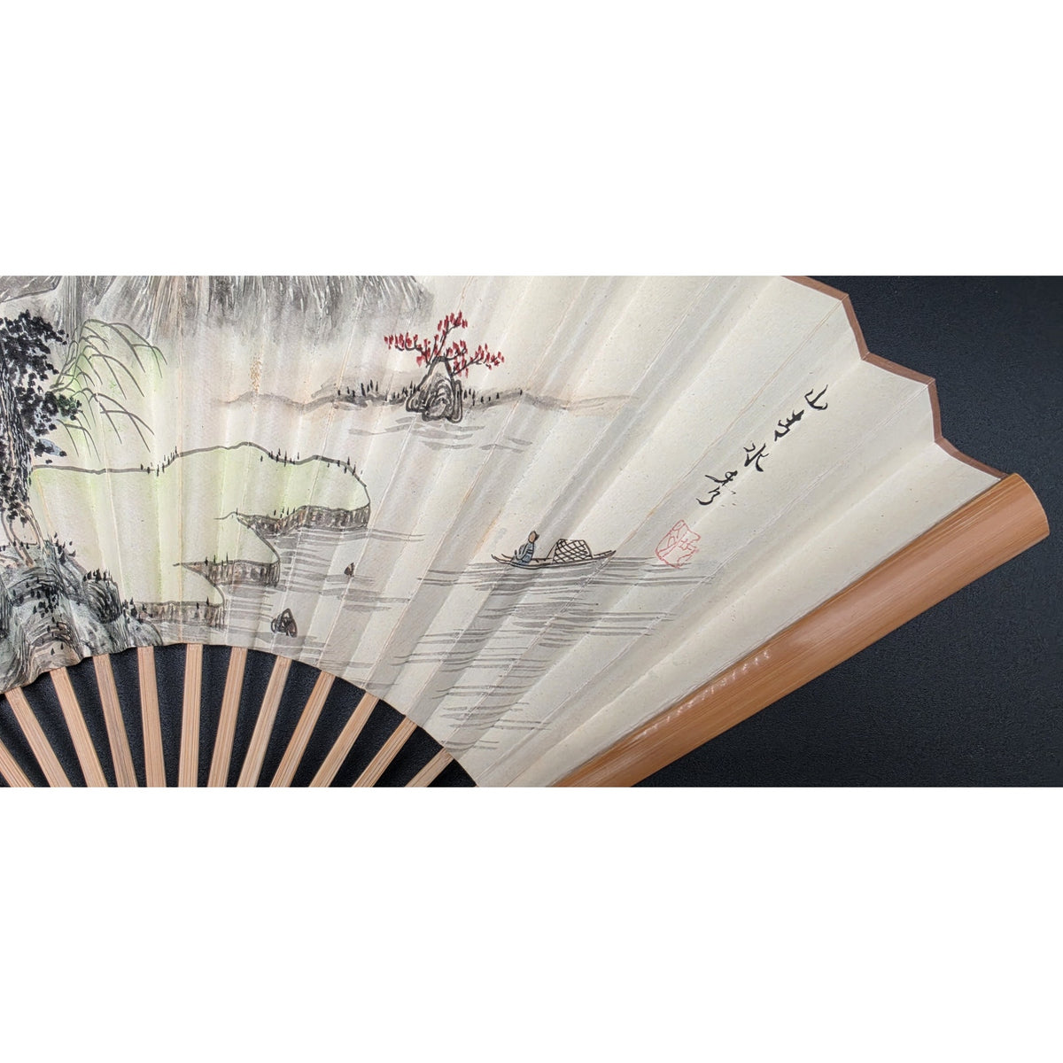 Vintage Chinese Hand Painted Landscape Folding Fan Calligraphy Poem Bamboo Frame