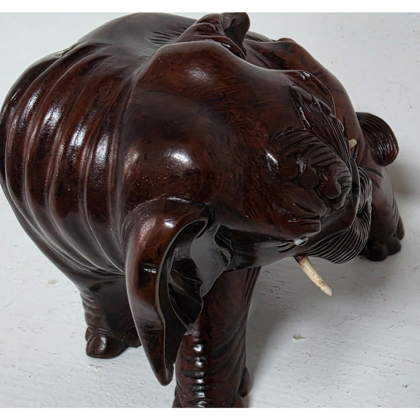 Vintage Hand‑Carved Mahogany Elephant Figurine 6" Wide Solid Wood Sculpture Nice