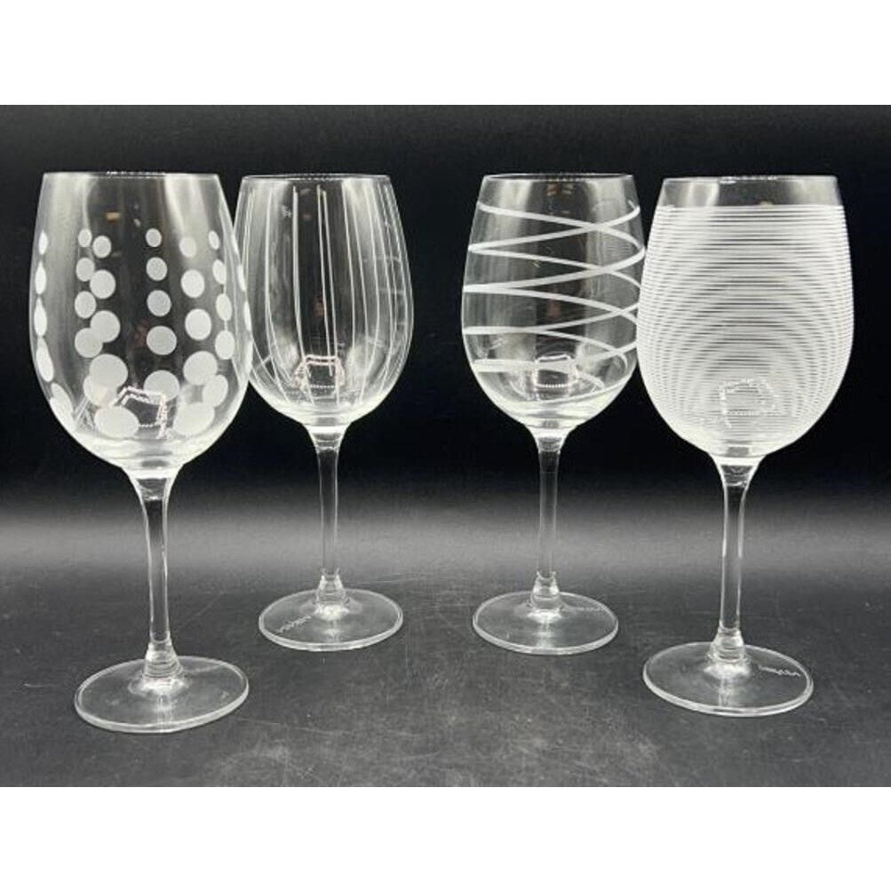 Mikasa Cheers White Wine Glasses Set of 4 8.75" Etched Dots Lines Swirls Stripes