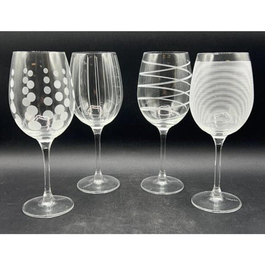 Mikasa Cheers White Wine Glasses Set of 4 8.75" Etched Dots Lines Swirls Stripes