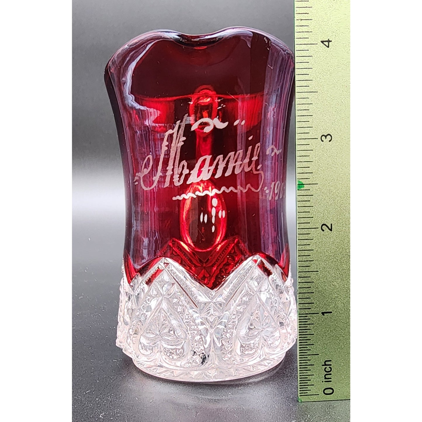 1903 Ruby Stained Cut Glass Pitcher Souvenir Etched Name 4.25” Antique