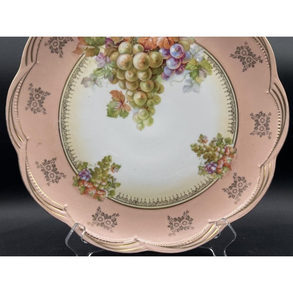 Antique German Porcelain Bowl Grapes Gold Trim Pink Rim Scalloped 12"