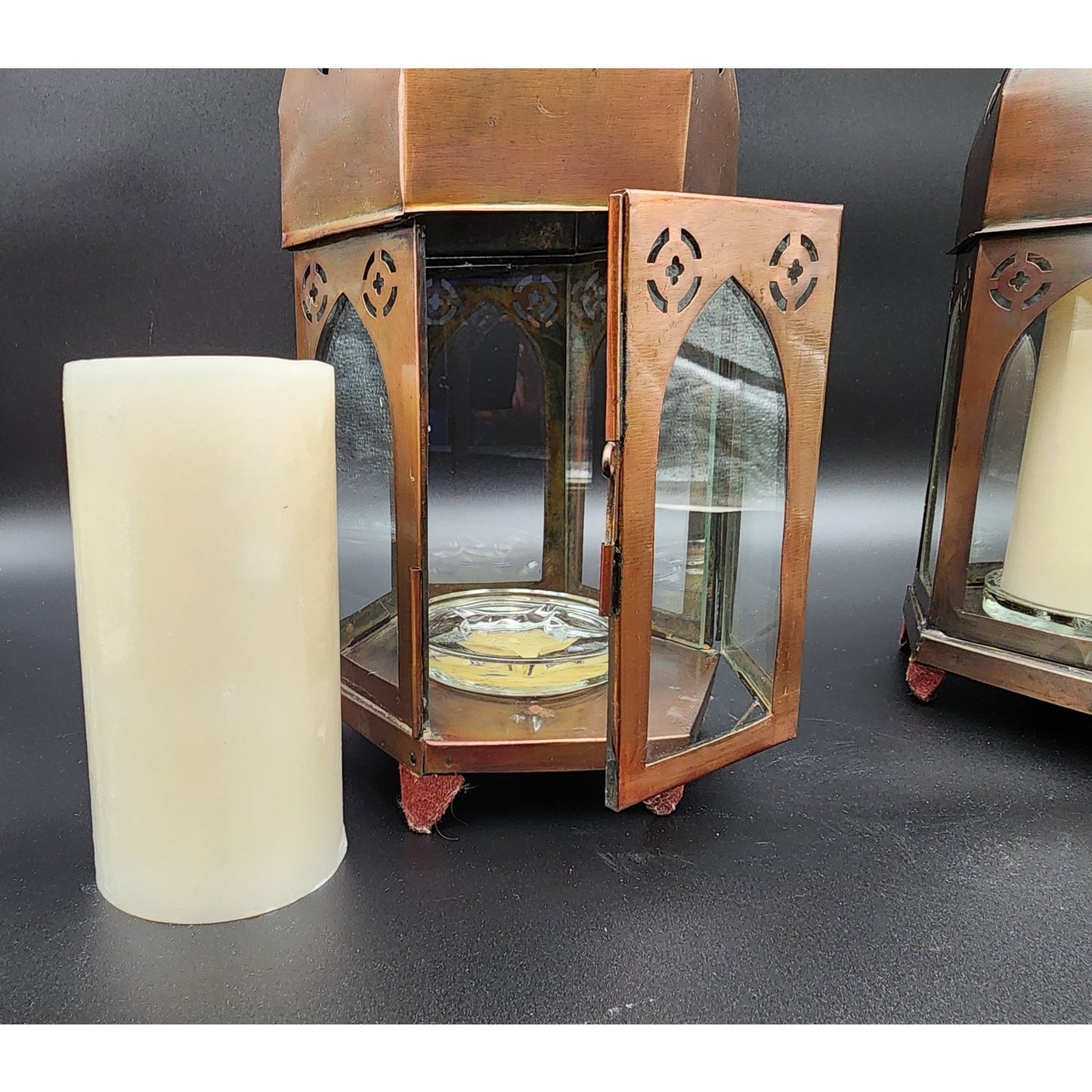 Pair Bronze Hexagon Metal Candle Lanterns w/ Glass Panels & Candles 18.5"