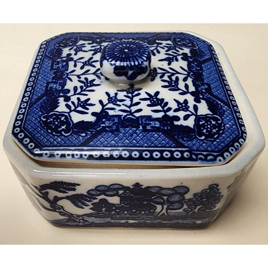 Vintage Moriyama Japan Blue Willow Covered Dish Porcelain Container Rare
