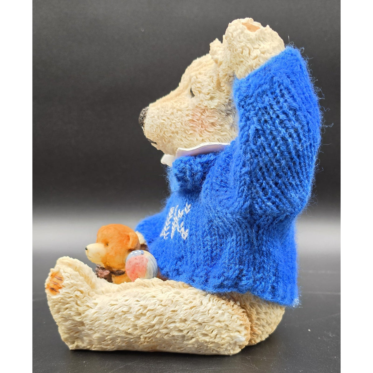 Vintage UK Bear Figurine Knit Royal Blue Sweater Cross Stitch UK Basketballs 8"